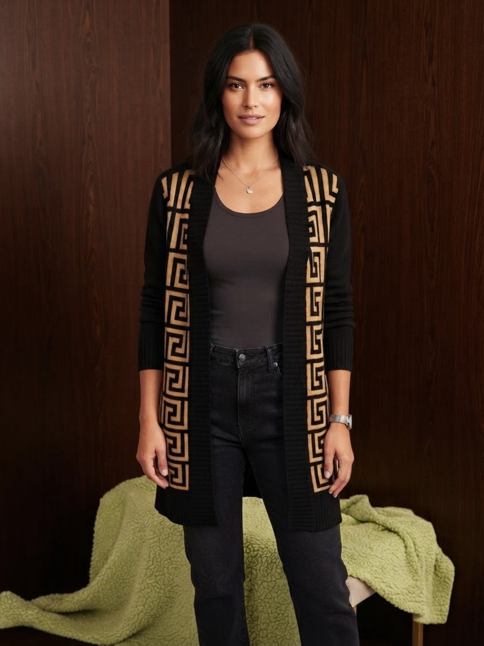 Chesley Black & Camel Geometric Open-Front Cardigan